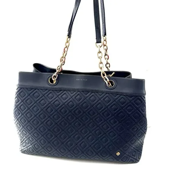 TORY BURCH Navy Blue Fleming Triple Compartment Leather Tote - Picture 1 of 15